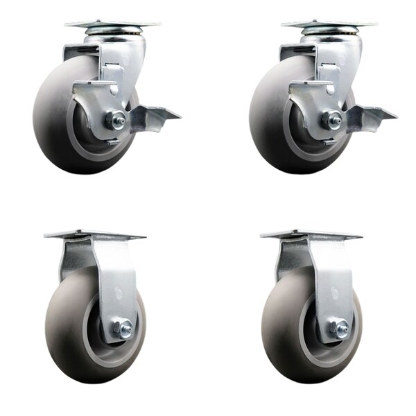 5 Inch Thermoplastic Rubber Caster Set with Ball Bearings 2 Brakes 2 Rigid